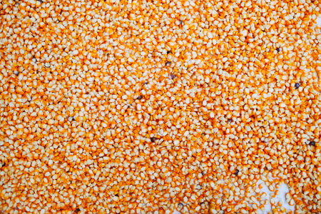 Full frame background top view of raw yellow corn seeds scattered on surface