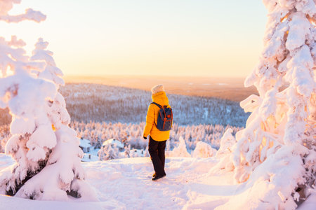 Young woman enjoying stunning view over winter forest with snow covered trees in Lapland Finlandの写真素材