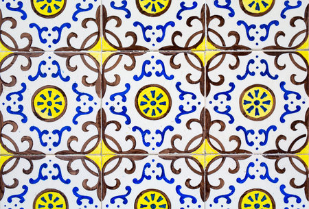 Detail of the traditional tiles azulejos from facade of old house in Lisbon Portugal