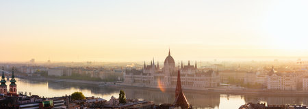Sunrise view of Budapest Parliament and Danube river from Fisherman Bastionの写真素材