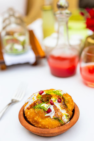 Raj Kachori delicious Indian food served for breakfast at luxury resort or restaurantの写真素材
