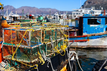 Brightly colored fishing traps and ropes on a dock, surrounded by fishing boats and a scenic harbor with mountains in the background.の写真素材