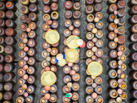 Aerial perspective of workers preparing traditional soy sauce. Rows of ceramic jars are arranged symmetrically with circular covers and open topsの写真素材