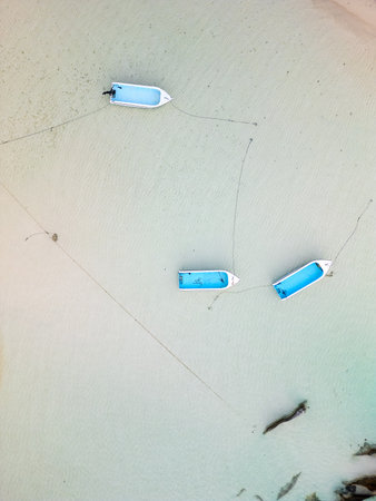 Three small boats with blue interiors are anchored in shallow, clear water with visible sand ripples beneathの写真素材
