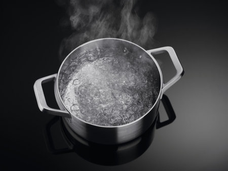 Pot of boiling water on an induction hobの写真素材