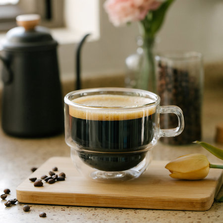Double wall glass cup with coffee on wooden tableの写真素材