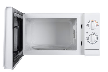 Opened white microwave oven isolated on white background, front viewの写真素材