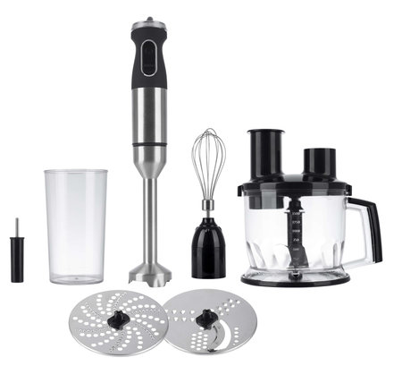 Immersion blender with various attachments isolated on a white backgroundの写真素材