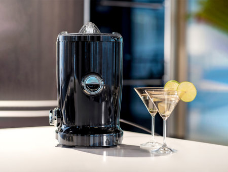 Black modern electric fruit juicer on the kitchen tableの写真素材