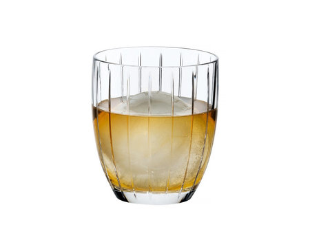 Whiskey glass with ice ball isolated on white backgroundの写真素材