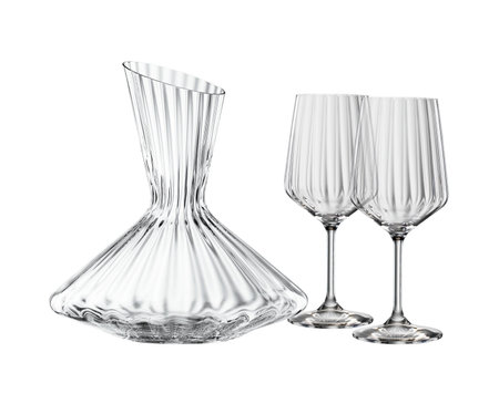 Empty glass decanter with glasses on white backgroundの写真素材