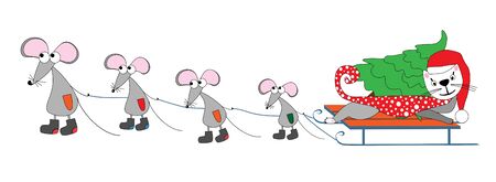 Mice pull a cat on sledge together with a green fir-treeのイラスト素材
