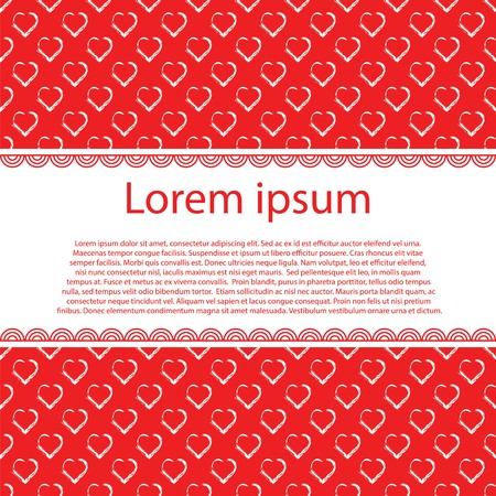 Hearts on red love background and text stripe. Love romantic messages with hearts.February 14.Valentines day card,banner.のイラスト素材