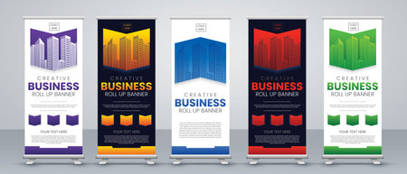 Roll up banner stand design template. Abstract geometric background with colorful geometric shapes.のイラスト素材