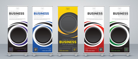 Business roll up banner design for events, presentations, meetings, annual meetings with print ready green, orange, red, blue and purple for x banner x standのイラスト素材