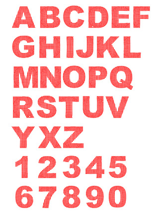 Decorative alphabet with letters composed of red dots - uppercase letters and digitsのイラスト素材