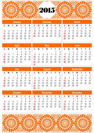 Calendar 2015 in orange design with orange folklore tile patternsのイラスト素材