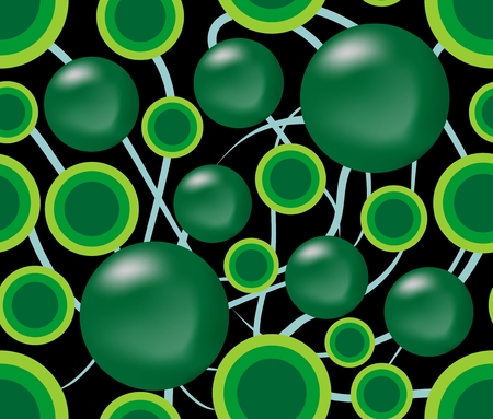 Seamless abstract dark background with green balls and circles on the black areaのイラスト素材
