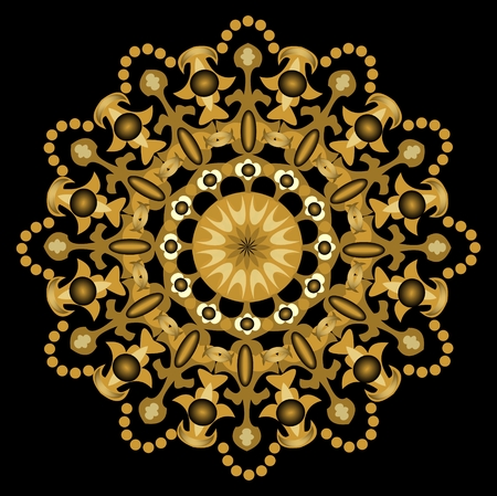 Geometric symmetric motif in golden design on the black backgroundのイラスト素材