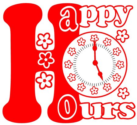Happy hours pictogram in red color with clock face and flowers on white backgroundのイラスト素材