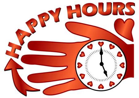 Happy hours billboard with a clock on the palm in composition with a heartのイラスト素材