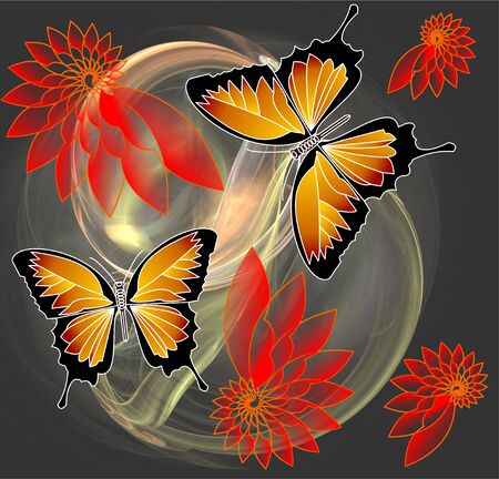 Phantasy composition with butterflies and flowers on fractal backgroundの写真素材