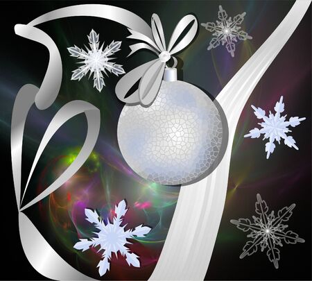 Silver christmas ball with silver ribbon on fractal rainbow backgroundの写真素材