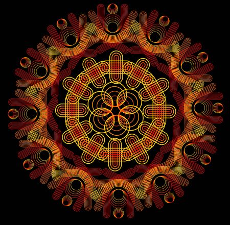 Fine outline mandala in fire colors on dark backgroundのイラスト素材