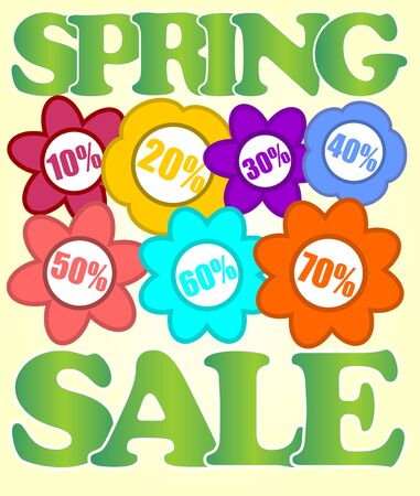 Spring sale billboard with colorful flowers and percent labels in cheerful colorsのイラスト素材