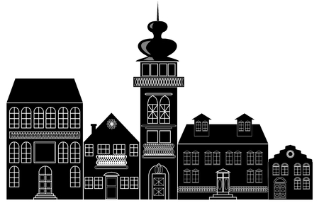 Black and white silhouette of the historic town with ancient baroque houses and towerのイラスト素材