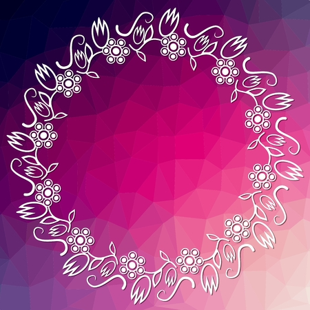 Purple triangle background with circle classic art deco floral frame. Place for own text.のイラスト素材