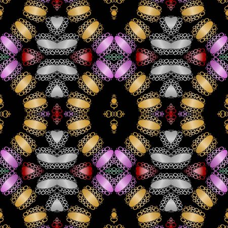 Decorative background tile with red, silver, gold and purple metallic elements on black areaの写真素材