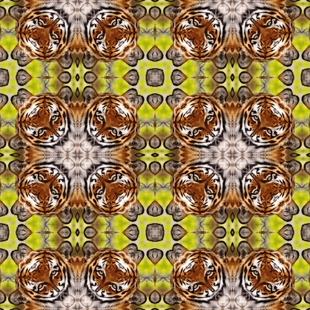 Decorative background tile with tiger face element patterns on green bokeh areaの写真素材