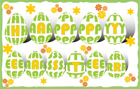 Happy easter billboard with letters in eggs and small flowers in grunge frame in yellow and green colorsのイラスト素材
