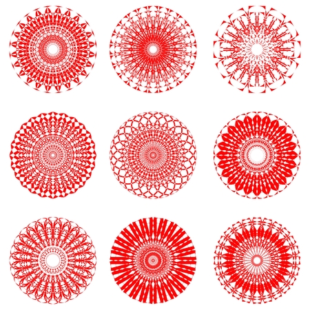 A set of red symmetric circle folklore patterns in filigree lace designのイラスト素材