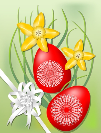 Easter motif with yellow daffodils, two red colored eggs and white ribbonのイラスト素材
