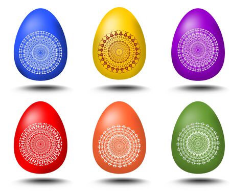 A set of six colored eggs with geometric patterns and shadows for easter designのイラスト素材
