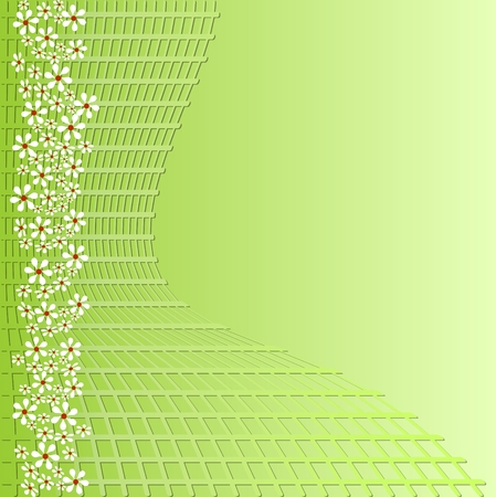 Green background with grid and small white flowers for spring advertising design, place for your own textのイラスト素材