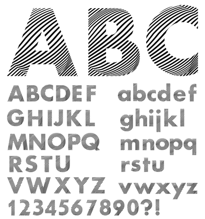 Alphabet in style zebra skin, uppercase and lowercase letters in black and white design, numbers, question and exclamation markのイラスト素材