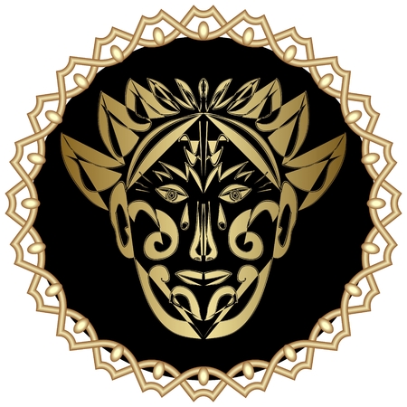 Gold face in black circle with gold edge, iconic mask, avatarのイラスト素材