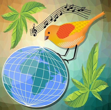 Ecological or peace vector illustration with little bird sitting of globe. Triangle patterned background with green leafs. Musical theme with notesのイラスト素材