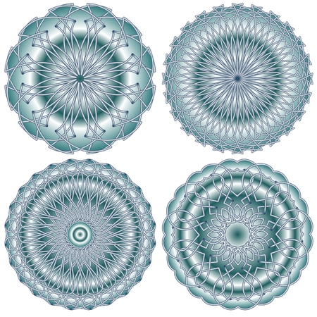 Set of isolated filigree metal silver circle rosette ornaments with gradient plastic surfaceのイラスト素材