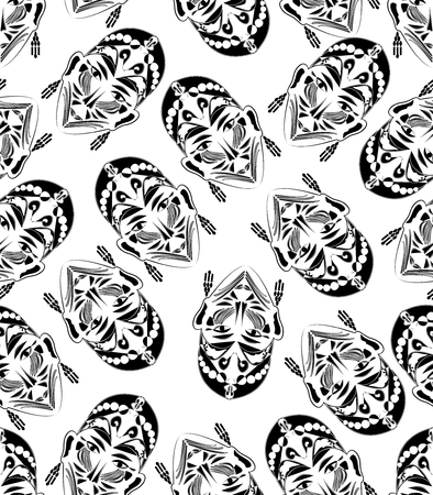 Black and white monochromatic seamless tile with women face mask in exotic style ornamentのイラスト素材