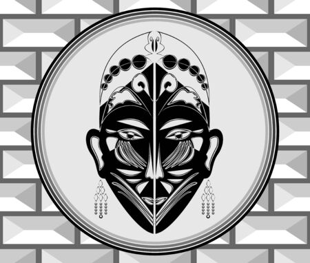 Art deco style ornament with ritual mask, grayscale imageのイラスト素材