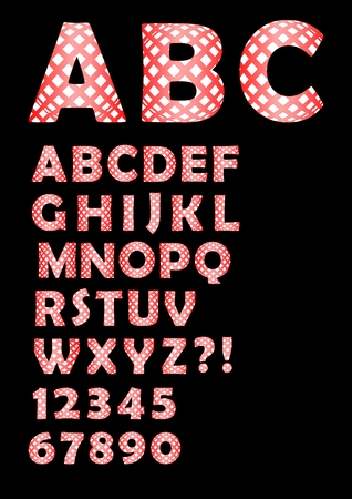 Alphabet in checked design, uppercase and lowercase letters in black and white design, numbers, question and exclamation markのイラスト素材