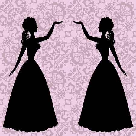 Mirror silhouettes dancing women on ornamental background in rococo styleのイラスト素材