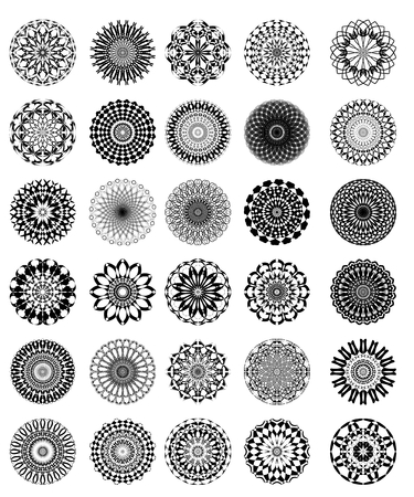 Set of vintage star vector graphic pattern in black and white. Fine circle symmetric patternsのイラスト素材