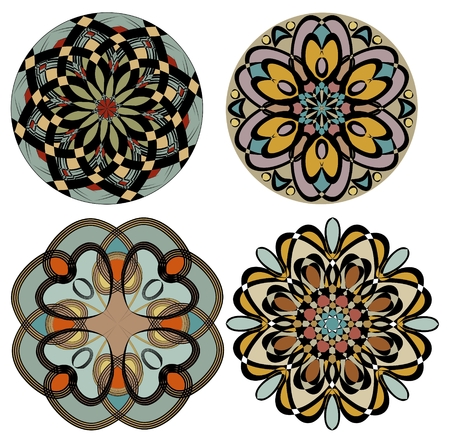 Collection of colored rosettes in nostalgic color art deco style. Symmetric geometric patterned circle.のイラスト素材