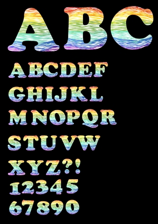 Alphabet - uppercase set in trendy rainbow doodle design, also includes numbers, question mark and exclamation pointのイラスト素材