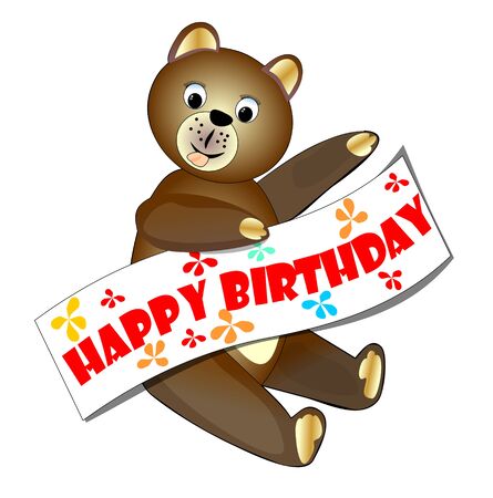 Funny teddy bear with happy birthday inscription waving pawのイラスト素材